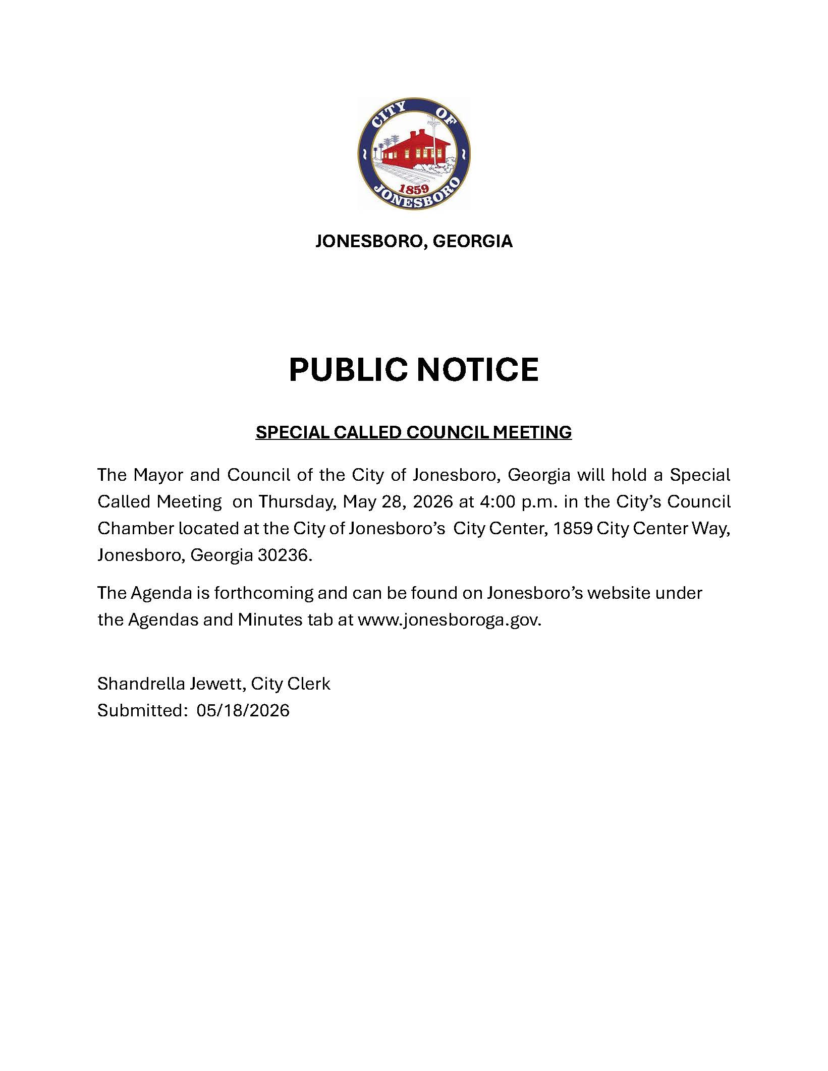 PUBLIC NOTICE - SPECIAL CALLED COUNCIL MEETING